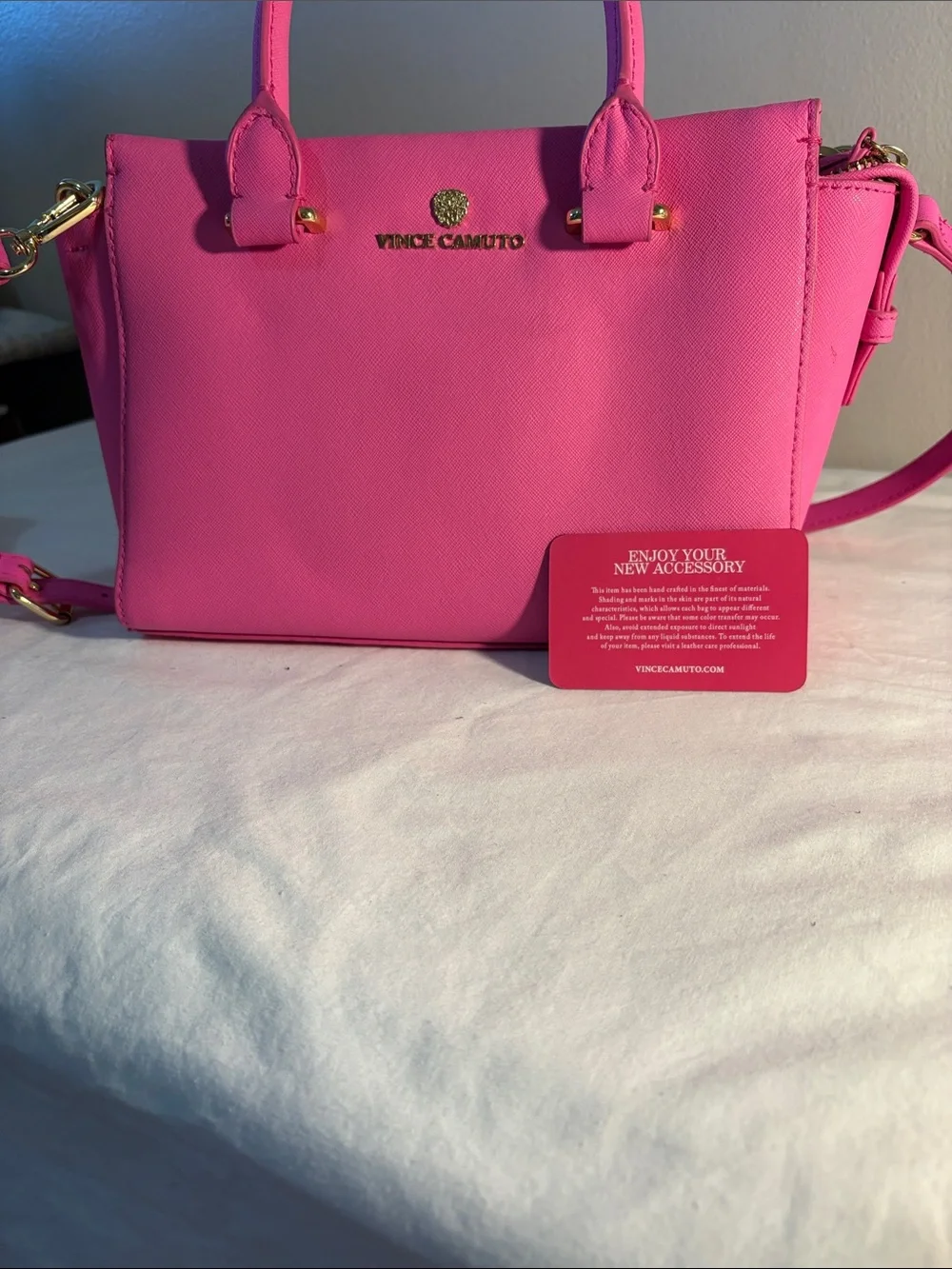 Vince Camuto Hot Pink Saffiano Satchel with Gold Hardware. Authenticity verified
